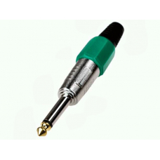 1-118G GR Разъем аудио 6.35мм "шт" моно металл цанга "позолоченный носик" на кабель,  зеленый